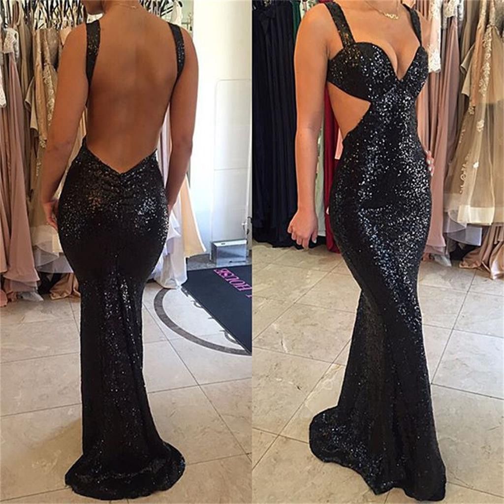 Black Straps Sweep-Train Mermaid Sexy Backless Prom Dresses-newarrivaldress