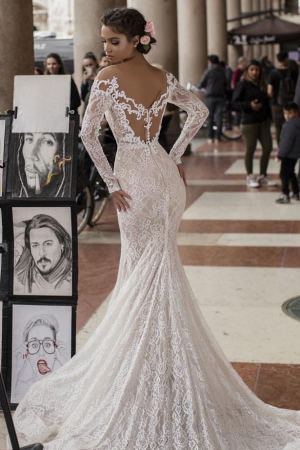 Gorgeous White/Ivory Floral Lace Mermaid Bridal Dress Romantic Long Sleeves Slim Wedding Dress-newarrivaldress