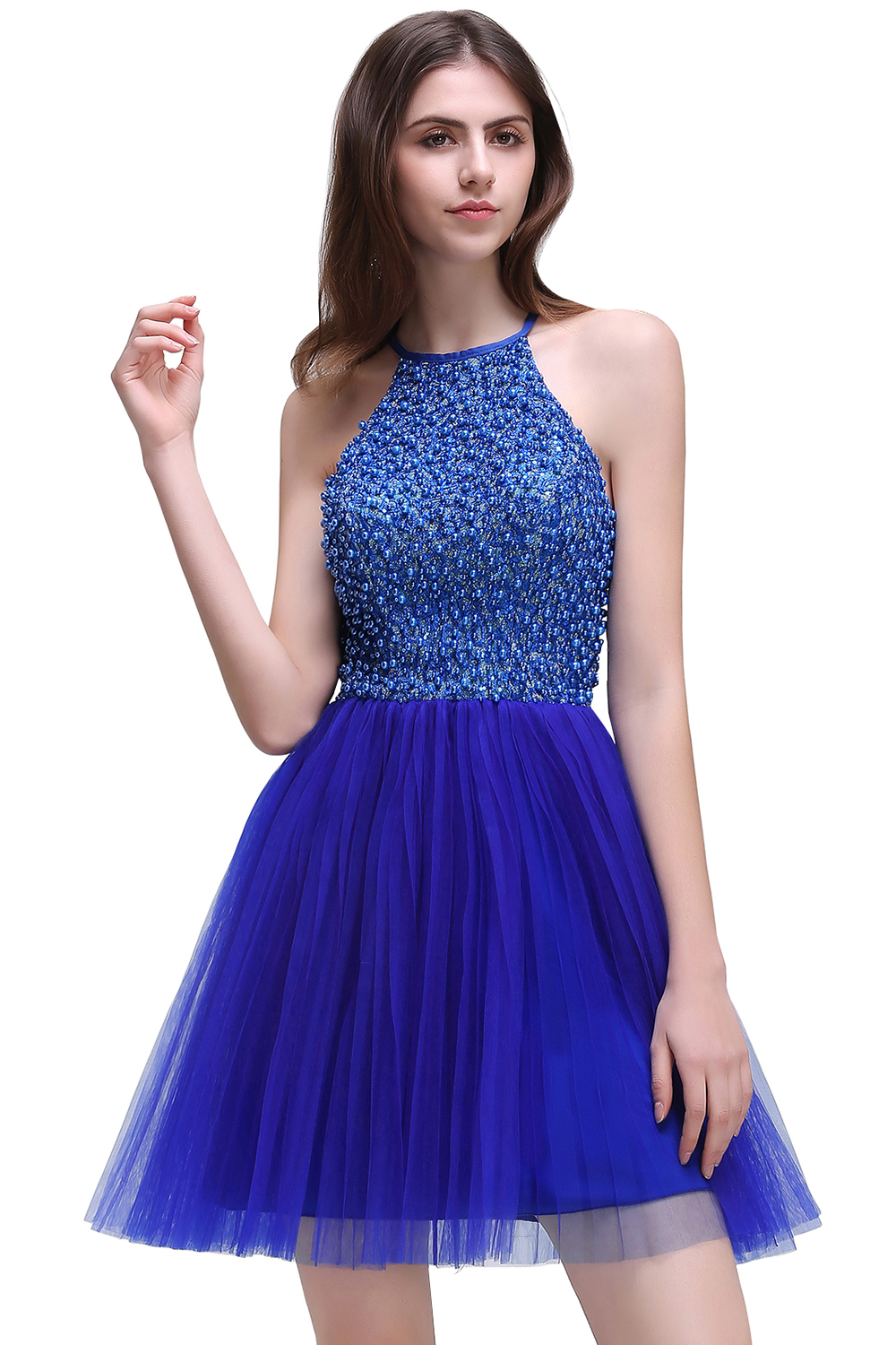 CAITLYN | A-line Halter Neck Short Tulle Royal Blue Homecoming Dresses with Beading-newarrivaldress