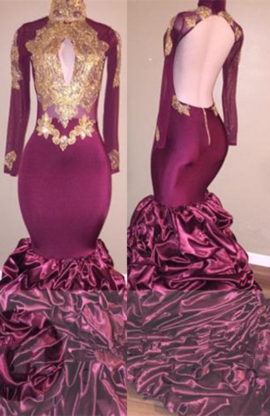 Sexy Open Back Burgundy Mermaid Prom Dresses | Gold Appliques Ruffles   newarrivaldress