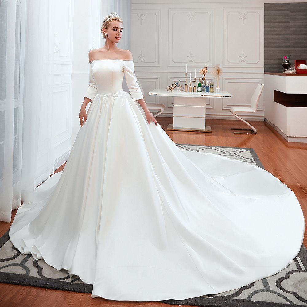 Amazing Off Shoulder Satin Wedding Dress Aline with Sleeves-newarrivaldress