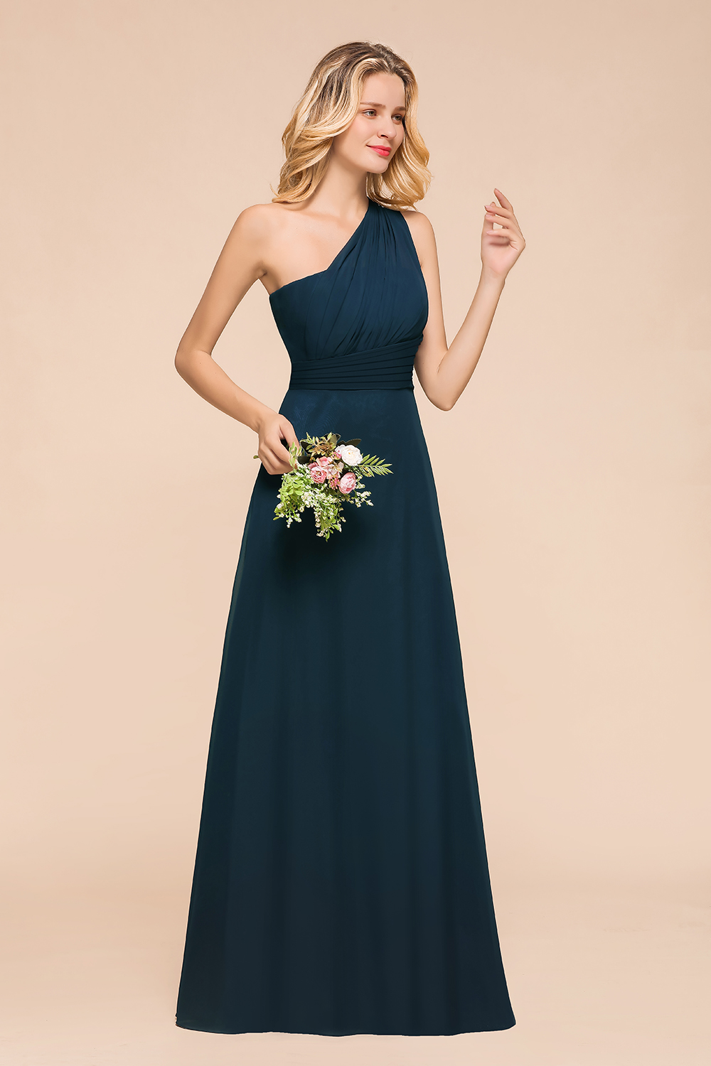 One Shoulder Chiffon Floor Length Bridesmaid Dress Sleeveless Aline Wedding Guest Dress-newarrivaldress