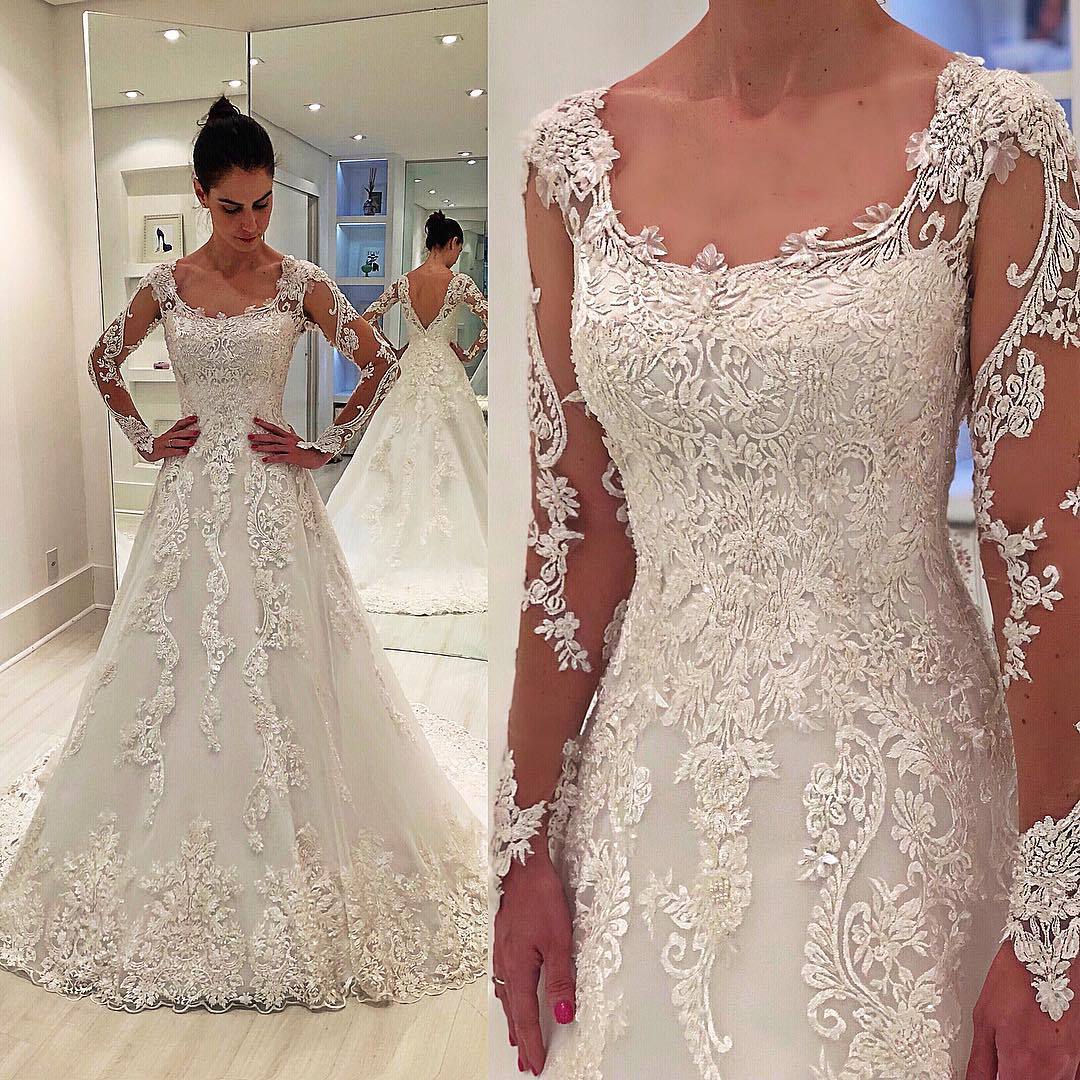 Elegant A-Line Sexy Lace Appliques Square Neck Long Sleeve Long Wedding Dresses-newarrivaldress