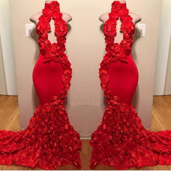 Sexy Flowers Halter Sleeveless Long Prom Dresses | 2021 Red Keyhole Mermaid Evening Gowns-newarrivaldress
