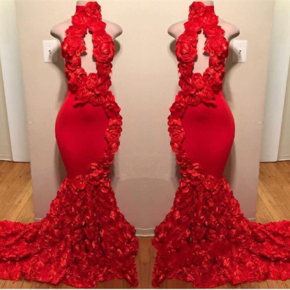 Sexy Flowers Halter Sleeveless Long Prom Dresses | 2021 Red Keyhole Mermaid Evening Gowns-newarrivaldress