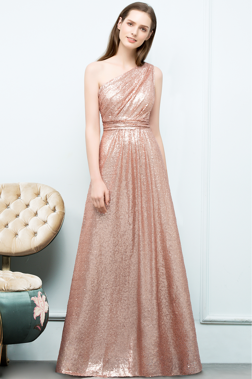 JOURNEE | A-line One-shoulder Sleeveless Floor Length Sequins Prom Dresses-newarrivaldress