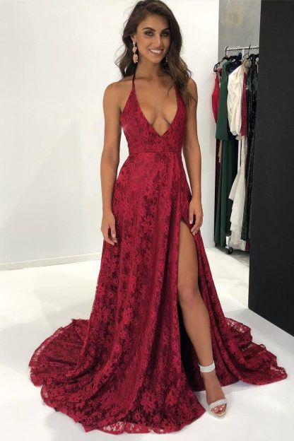 Modest Lace Red Spaghetti Strap Prom Dress | Front Split Formal Dress BA9243-newarrivaldress
