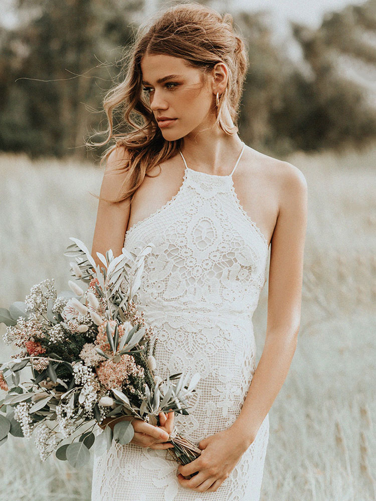 Boho Wedding Dress 2021 Lace A Line Halter Sleeveless Floor Length Bridal Gown With Train-newarrivaldress