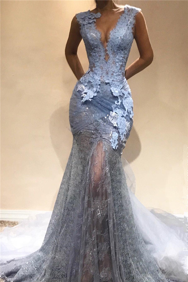 Lace Appliques See Through Mermaid Lace Prom Dress | Sleeveless Sexy Long Formal Dresses-newarrivaldress