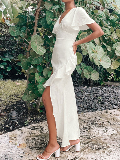 Modest White V Neck Wedding Dress Short Sleeves Ankle Length A Line Lace Engagement Dress-newarrivaldress