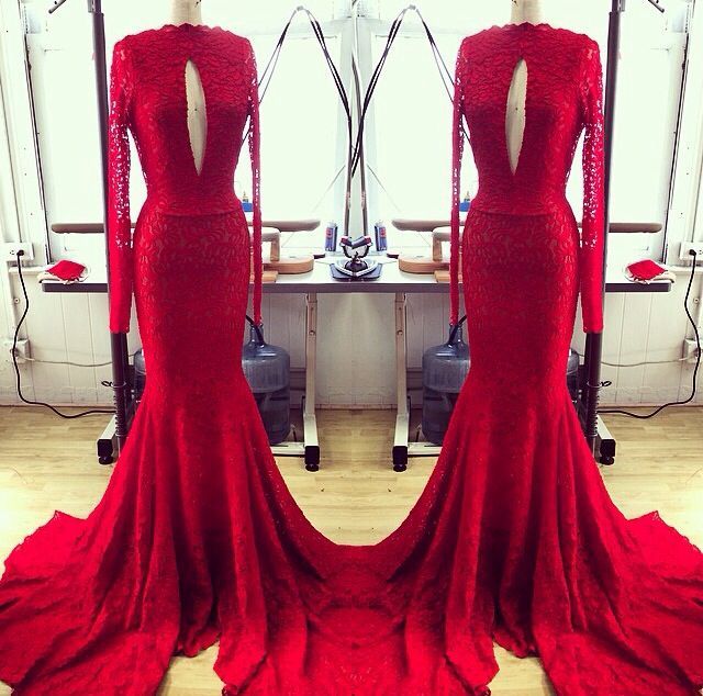 Modern Red Lace Keyhole Long Sleeve Mermaid Prom Dresses-newarrivaldress
