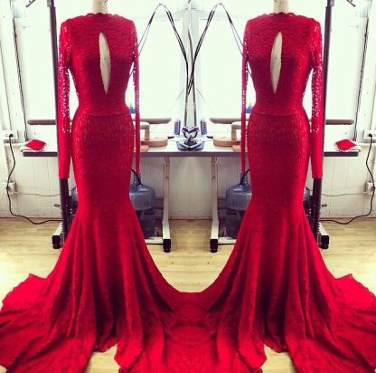 Modern Red Lace Keyhole Long Sleeve Mermaid Prom Dresses-newarrivaldress