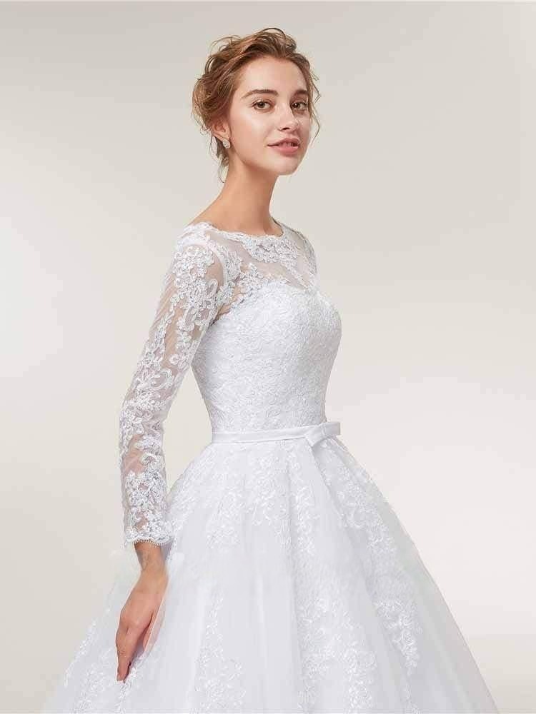 Stunning White Floral Lace Appliques Long Sleeves Aline Wedding Gown-newarrivaldress