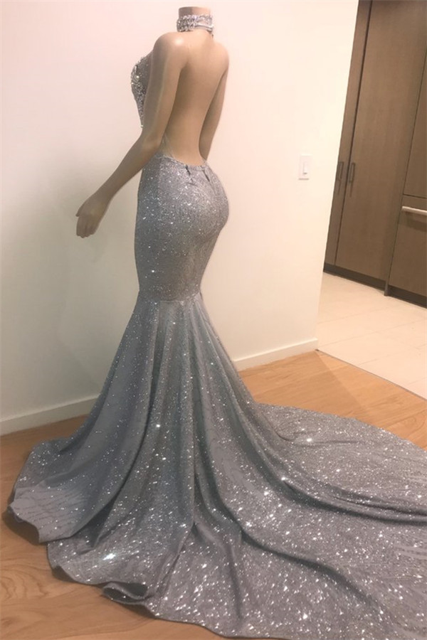 Silver Beads Sequins Mermaid Halter Sleeveless Floor Length Sexy Prom Dresses-newarrivaldress