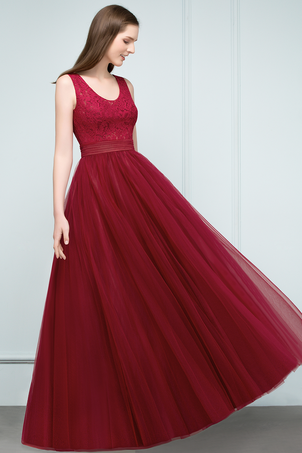 JULIANNA | A-line Scoop Long Sleevless Lace Top Burgundy Tulle Prom Dresses-newarrivaldress