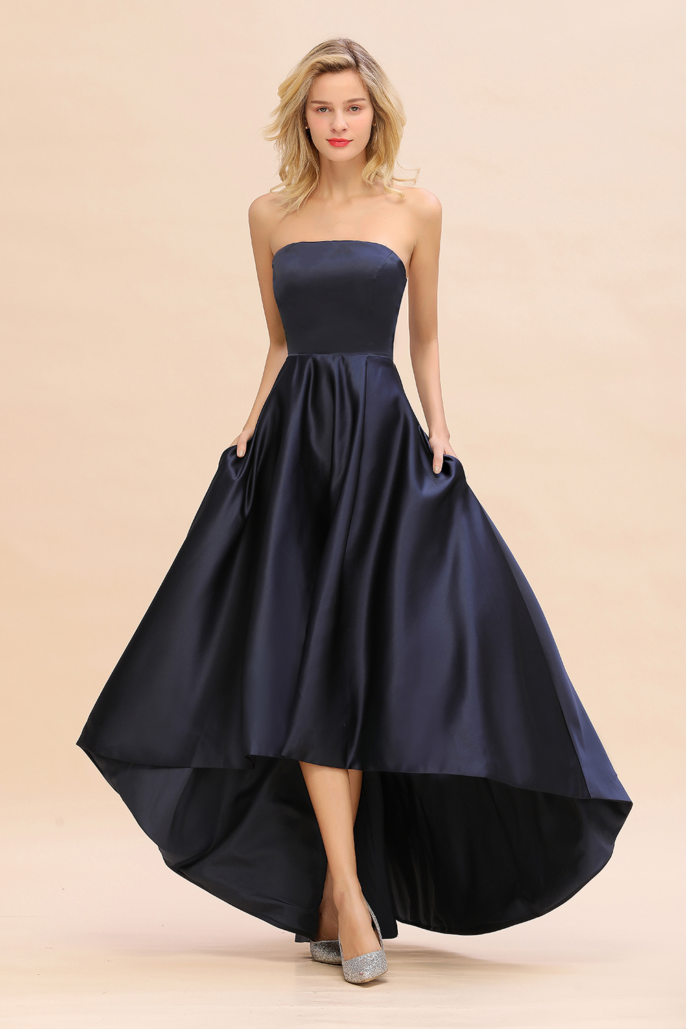 Strapless Satin Hi-Lo Bridesmaid dresses Simple Asymmetrical Length Party Dress-newarrivaldress