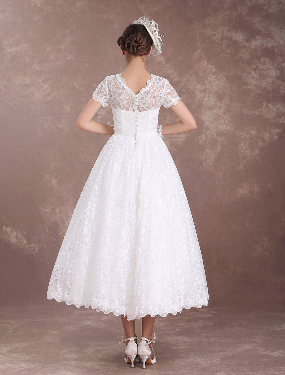 Lace Wedding Dresses Short Sleeve 1950'S Vintage Bridal Dress Sweetheart Illusion Ivory A Line Tea Length Wedding Reception Dress Exclusive-newarrivaldress