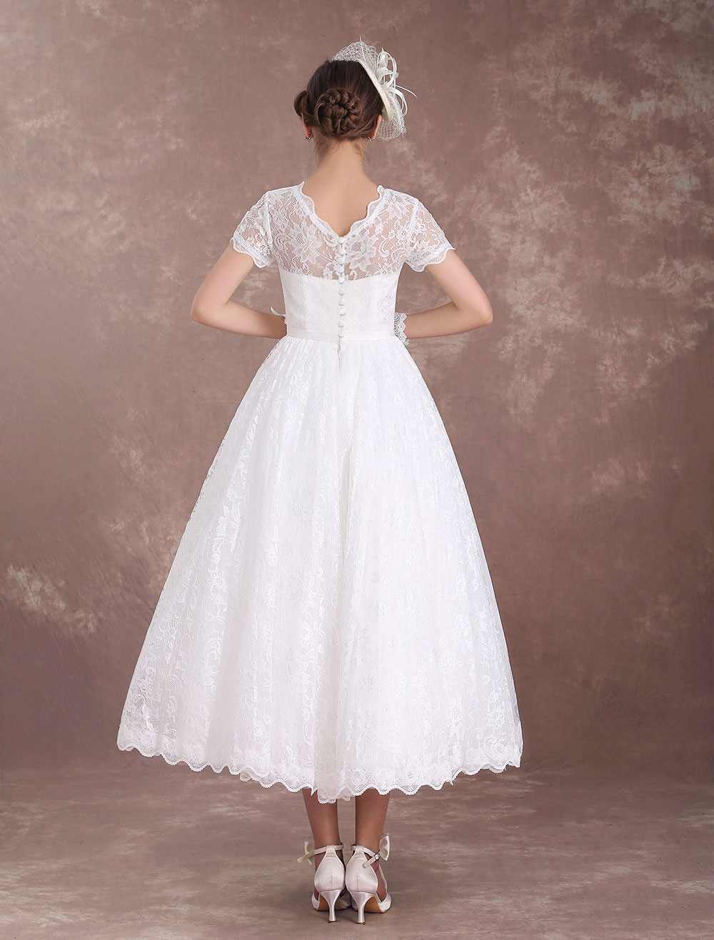 Lace Wedding Dresses Short Sleeve 1950'S Vintage Bridal Dress Sweetheart Illusion Ivory A Line Tea Length Wedding Reception Dress Exclusive-newarrivaldress