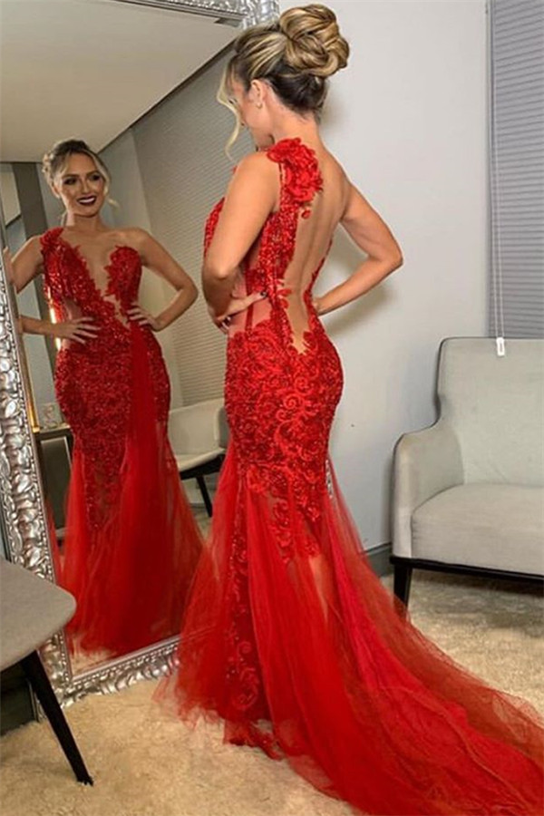 Burgundy One-Shoulder Lace Applique Backless Sexy Mermaid Tullle Prom Dresses-newarrivaldress
