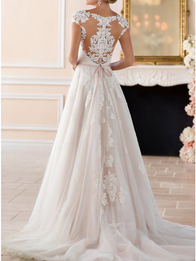 Cap Sleeves Aline Wedding Dresses with Belt Garden Bridal Dress-newarrivaldress