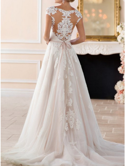 Cap Sleeves Aline Wedding Dresses with Belt Garden Bridal Dress-newarrivaldress