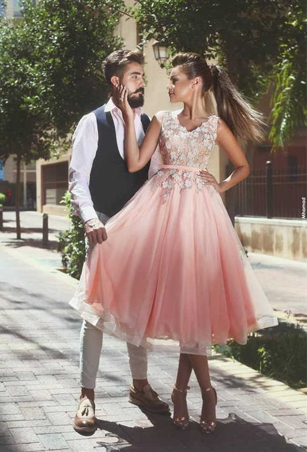 Delicate Straps A-line Flowers Homecoming Dress | Tea-length Party Gown-newarrivaldress