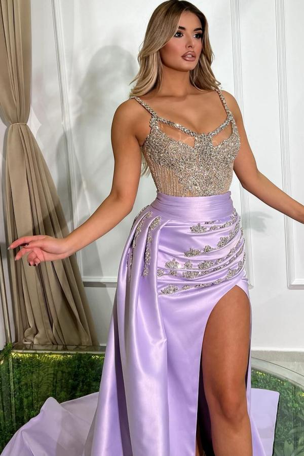 Stunning Sleeveless Ruched Satin Mermaid Prom Dress Crystals Side Split Party Dress-newarrivaldress