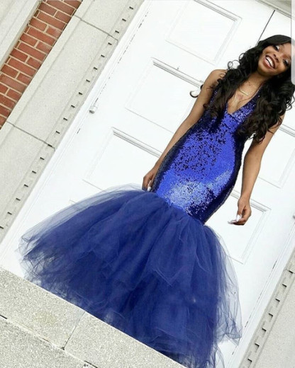 Sexy Navy Blue Mermaid Sequins Prom Dresses | Tulle Sleeveless V-Neck Evening Dresses-newarrivaldress