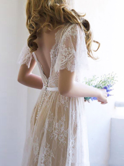 Simple Wedding Dress 2021 V Neck A Line Short Sleeve Deep V Backless Lace Bridal Gowns-newarrivaldress