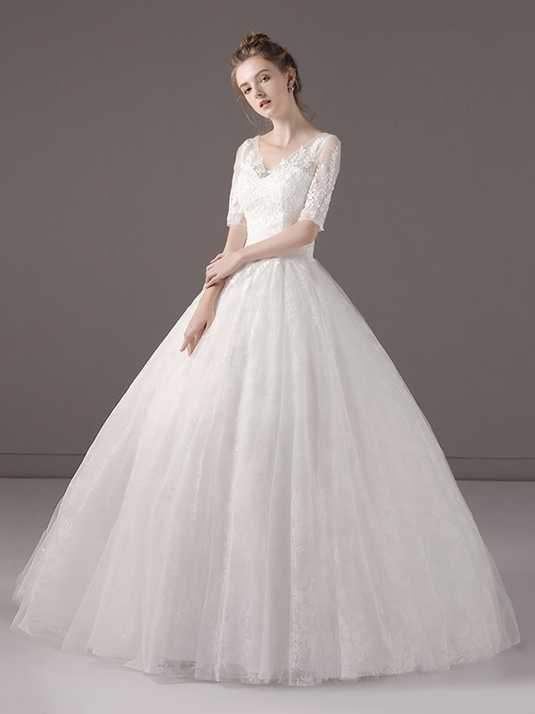 Wedding Dresses Princess Ball Gown Ivory Half Sleeve V Neck Lace Beaded Floor Length Bridal Dress-newarrivaldress