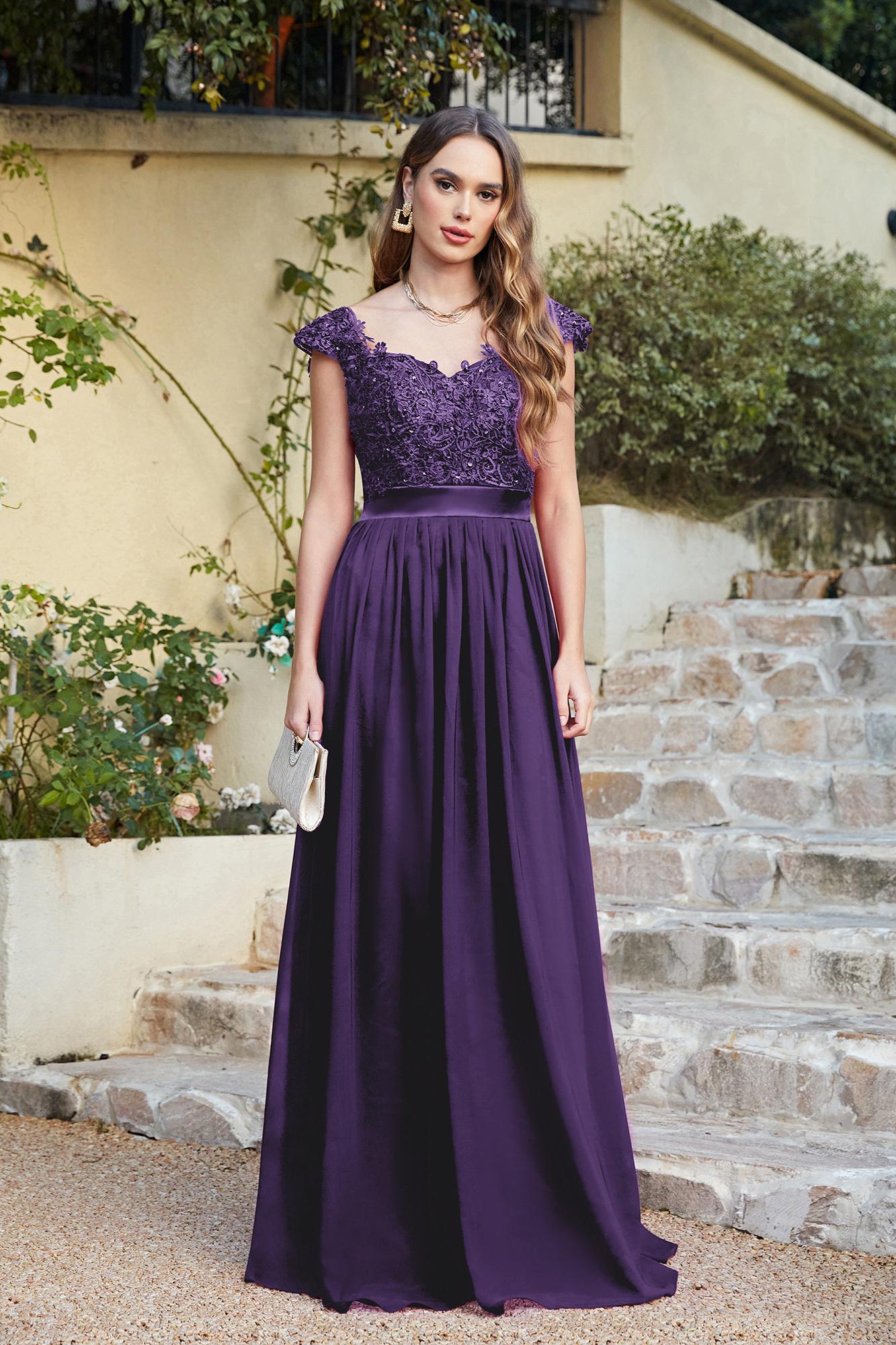 Chic Cap Sleeves Floral Lace Aline Long Evening Dresses Beadings Floor Length Chiffon Bridesmaid Dresses-newarrivaldress
