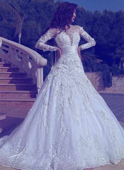 Elegant Long Sleeves Tulle Wedding Dresses 2021 | Sexy Sheer Appliques Wedding Dress Online-newarrivaldress