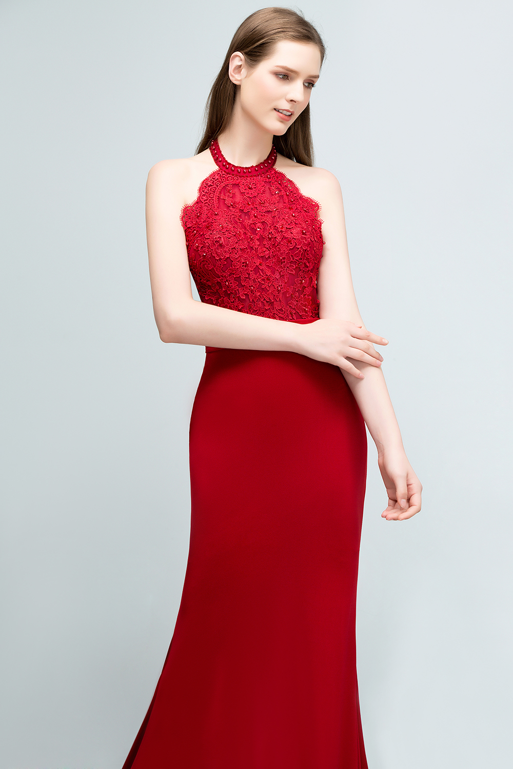 JOY | Mermaid Halter Floor Length Appliqued Beads Red Prom Dresses with Sash-newarrivaldress