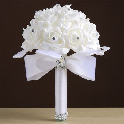 White Silk Rose Crystal Beading Bouquet in Colorful Handles-newarrivaldress