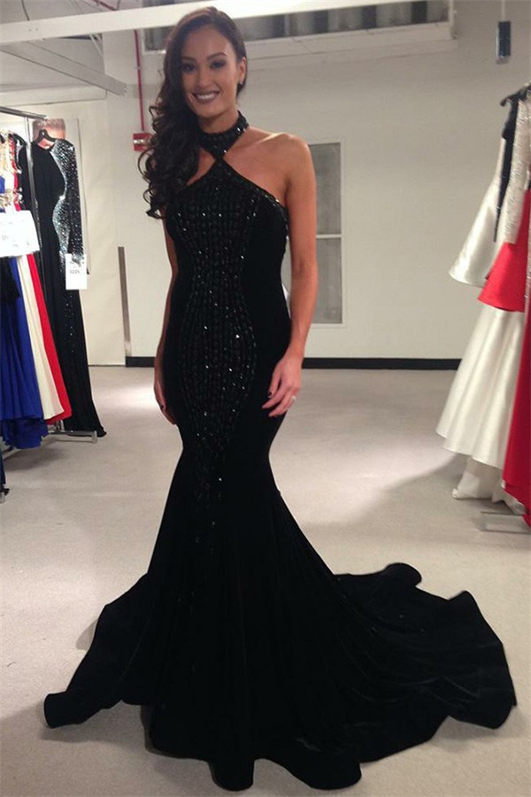 Black Halter Crystal Appliques Sexy Mermaid Prom Dresses | New Arrival Sexy Sleeveless Open-Back Evening Dresses-newarrivaldress