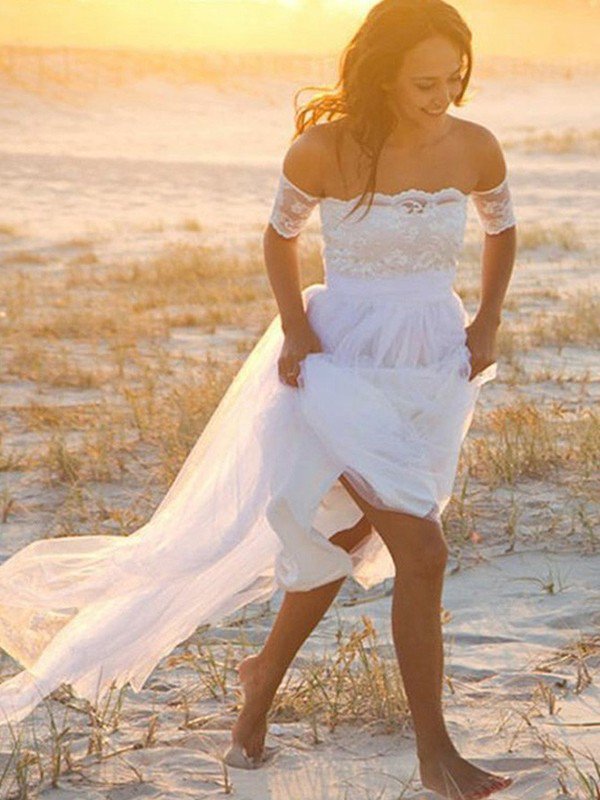 Sleeveless A-Line Floor Length Bridal Gowns| Sexy Off The Shoulder Lace Chiffon Wedding Dresses