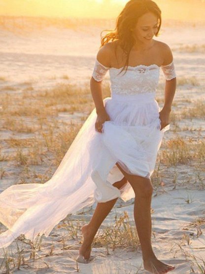 Sleeveless A-Line Floor Length Bridal Gowns| Sexy Off The Shoulder Lace Chiffon Wedding Dresses