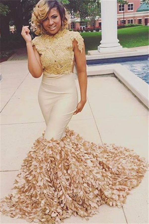 Stylish Round Neck Lace Appliques Short Sleeves Sexy Mermaid Floor-Length Prom Dresses-newarrivaldress