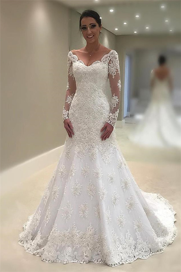 Elegant Long Sleeve Lace Wedding Dresses | V-Neck Mermaid A Line Bridal Gown-newarrivaldress