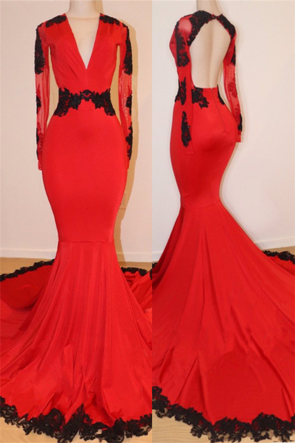 Long Sleeve Red Long Prom Dresses with Black Lace | V-neck Open Back Mermaid Formal Dresses-newarrivaldress