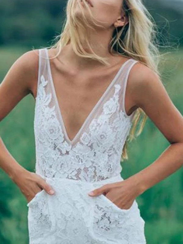 Boho Wedding Dresses Mermaid V Neck Sleeveless Lace Beach Bridal Dress With Train-newarrivaldress