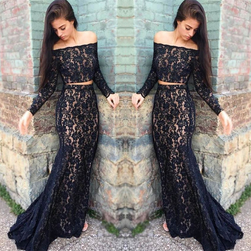 Black lace prom dress,two piece evening dress-newarrivaldress