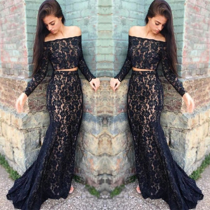 Black lace prom dress,two piece evening dress-newarrivaldress
