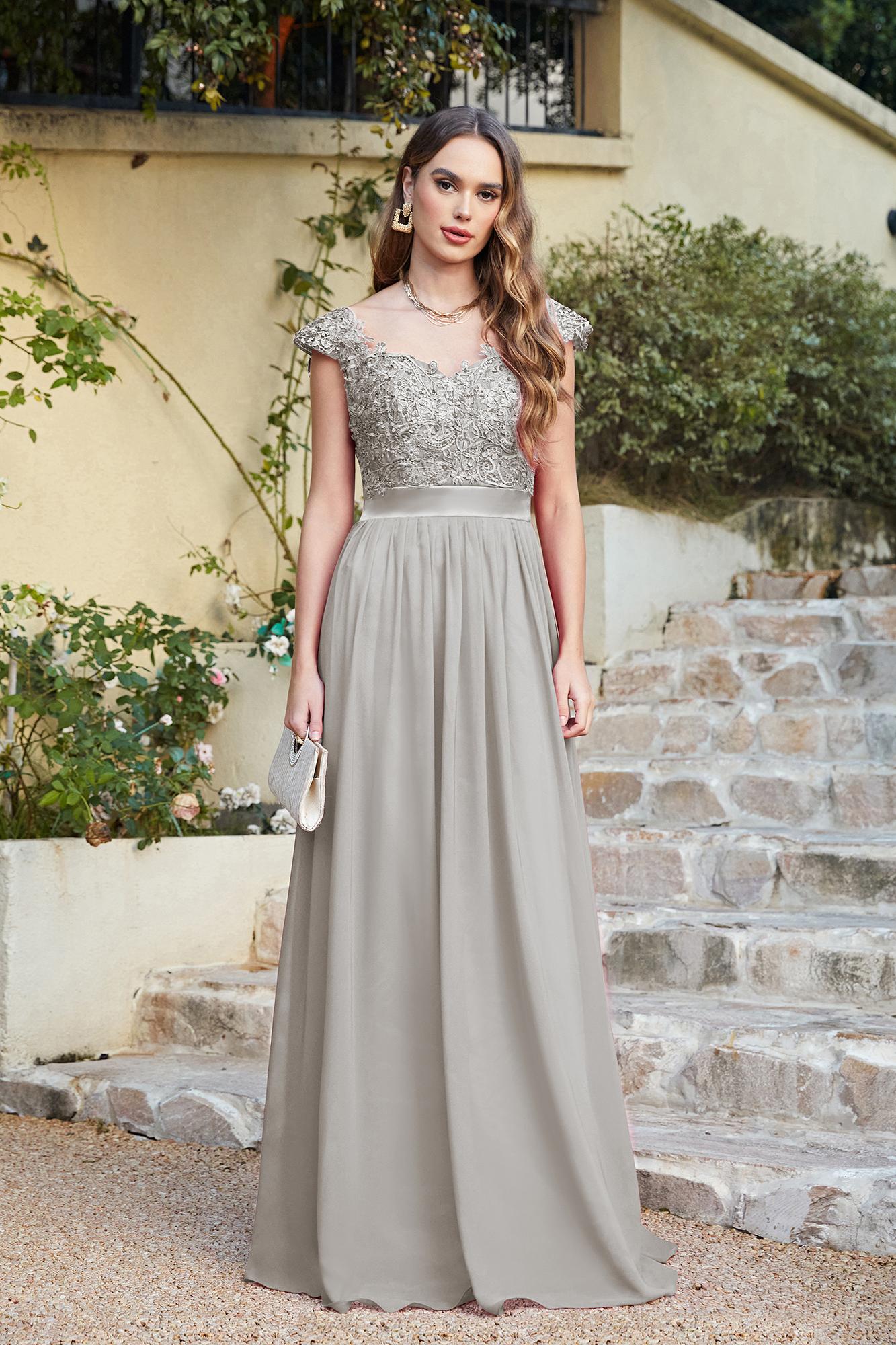 Chic Cap Sleeves Floral Lace Aline Long Evening Dresses Beadings Floor Length Chiffon Bridesmaid Dresses-newarrivaldress