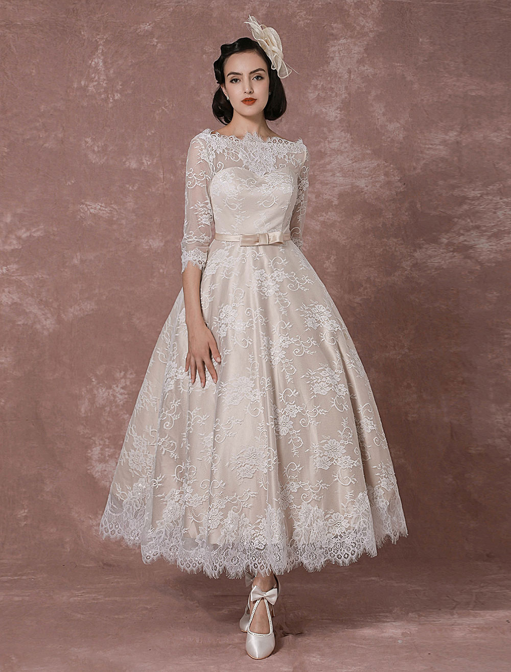 Lace Wedding Dress Vintage Bateau Champagne Half Sleeves Bridal Gown A Line Backless Tea Length Sash Reception Bridal Dress Exclusive-newarrivaldress