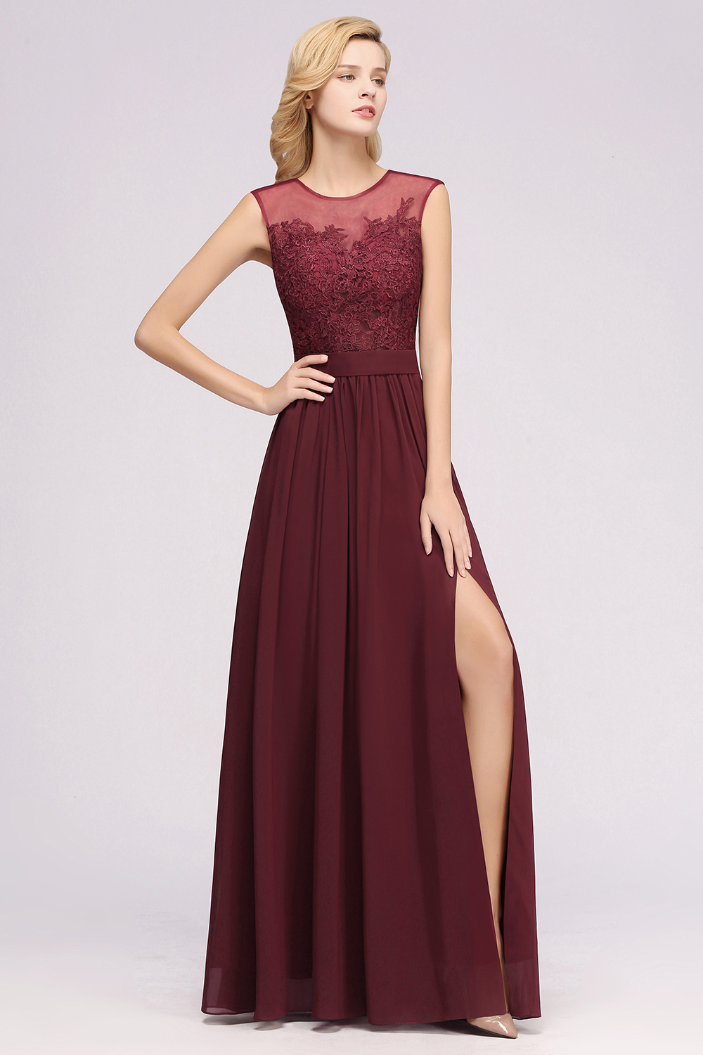 A-line Chiffon Lace Jewel Sleeveless Floor-Length Bridesmaid Dresses with Appliques-newarrivaldress