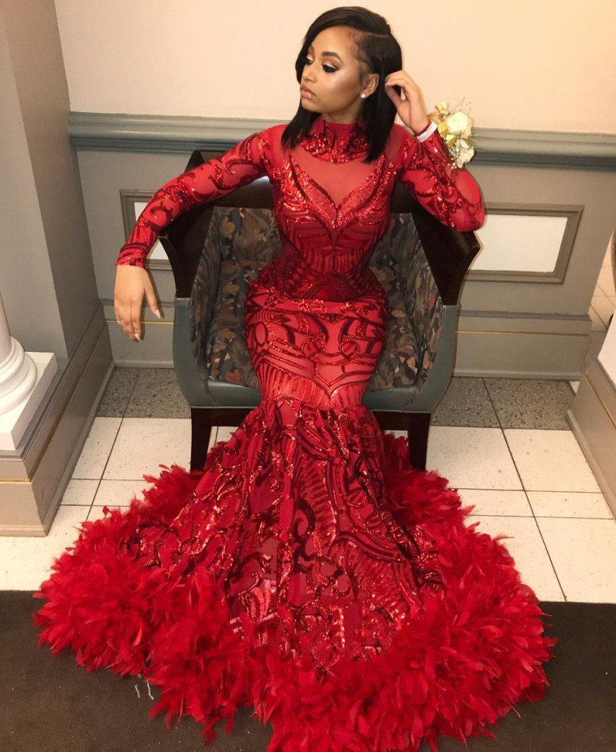 Long Sleeve Mermaid Red Prom Dresses | Sequins Appliques Feather Formal Dress BC1327-newarrivaldress