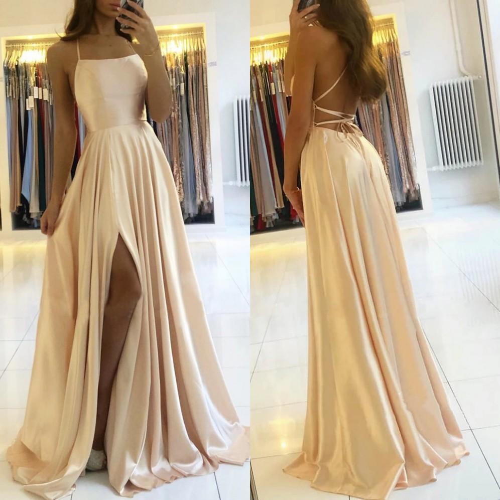 Charming Spaghetti Straps Satin Maxi Evening Dress with Side Slit Sleeveless Gown-newarrivaldress