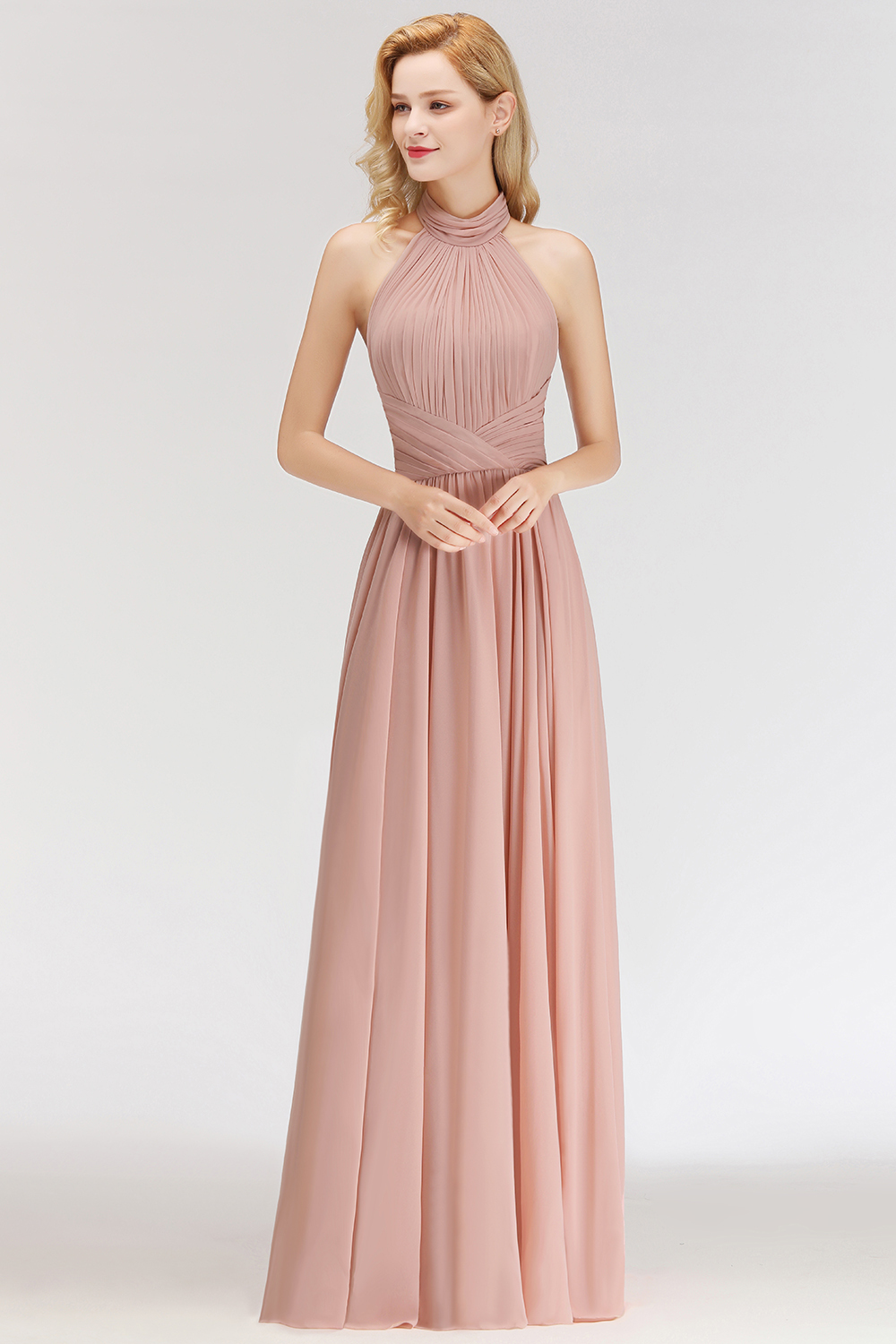 NORAH | A-line Floor Length Halter Ruffled Chiffon Bridesmaid Dresses-newarrivaldress