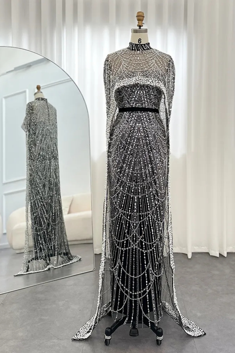 Luxury Sequins Dubai Mermaid Evening Dress with Cape Glitter Pearls Floor Length Party Dress-newarrivaldress